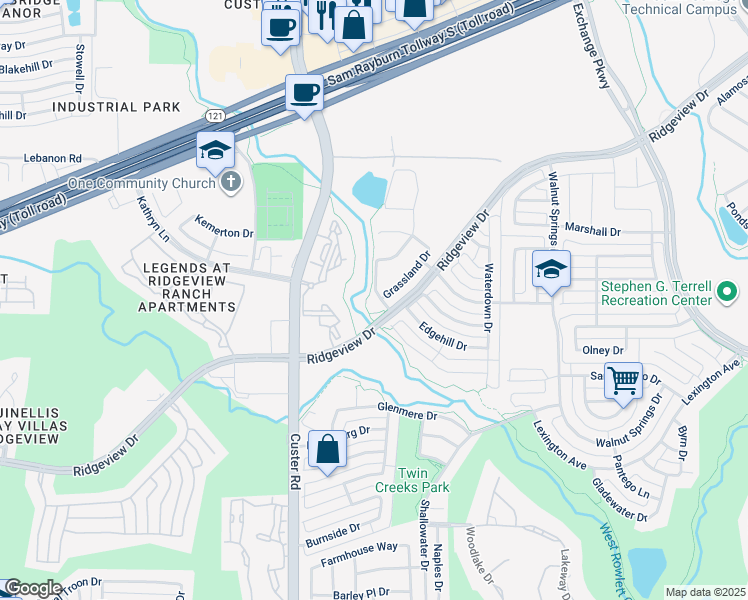 map of restaurants, bars, coffee shops, grocery stores, and more near 1206 Caliche Trail in Allen