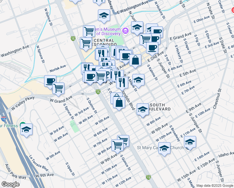 map of restaurants, bars, coffee shops, grocery stores, and more near 338 West 3rd Avenue in Escondido