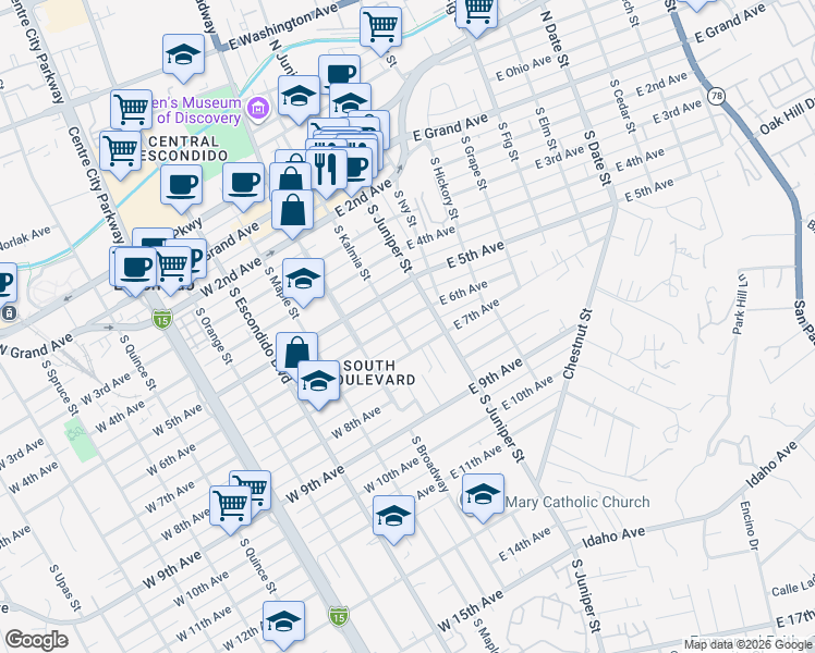 map of restaurants, bars, coffee shops, grocery stores, and more near 213 East 6th Avenue in Escondido