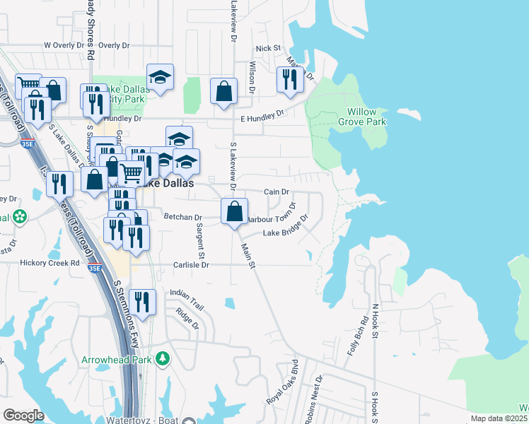 map of restaurants, bars, coffee shops, grocery stores, and more near 612 Cain Street in Lake Dallas