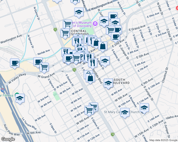 map of restaurants, bars, coffee shops, grocery stores, and more near 338 West 3rd Avenue in Escondido