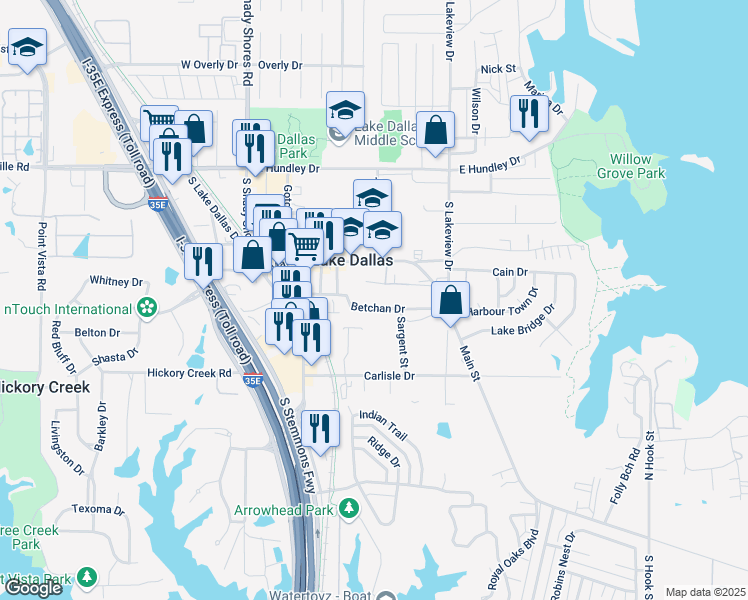 map of restaurants, bars, coffee shops, grocery stores, and more near 401 Betchan Drive in Lake Dallas