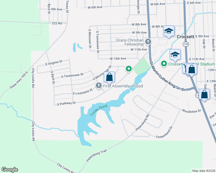 map of restaurants, bars, coffee shops, grocery stores, and more near 1405 South Louisiana Street in Crossett