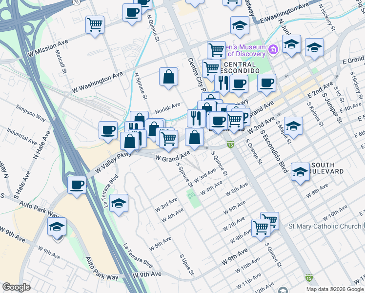 map of restaurants, bars, coffee shops, grocery stores, and more near in Escondido