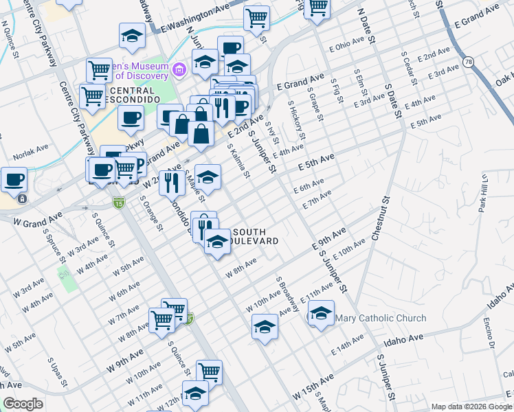 map of restaurants, bars, coffee shops, grocery stores, and more near 142 East 6th Avenue in Escondido