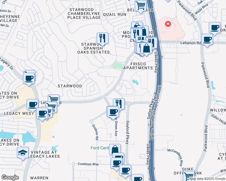map of restaurants, bars, coffee shops, grocery stores, and more near 4704 White Bluff Drive in Frisco