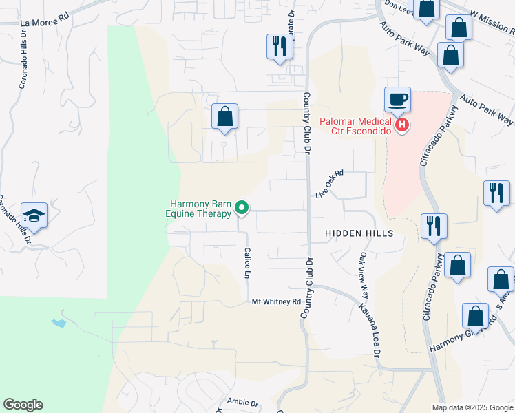 map of restaurants, bars, coffee shops, grocery stores, and more near 2890 Eden Valley Lane in Escondido