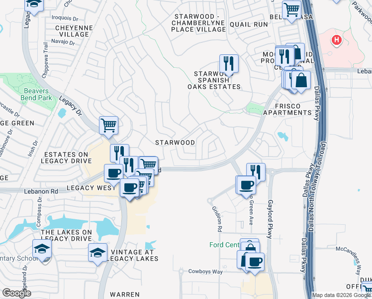 map of restaurants, bars, coffee shops, grocery stores, and more near 6008 Hackberry Court in Frisco