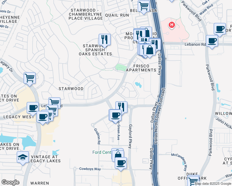 map of restaurants, bars, coffee shops, grocery stores, and more near 6688 John Hickman Parkway in Frisco