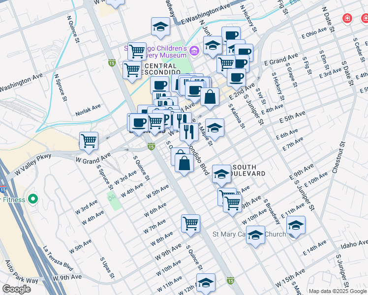 map of restaurants, bars, coffee shops, grocery stores, and more near 265 West 3rd Avenue in Escondido