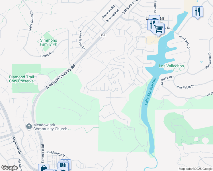 map of restaurants, bars, coffee shops, grocery stores, and more near 1267 Via San Jacinto in San Marcos