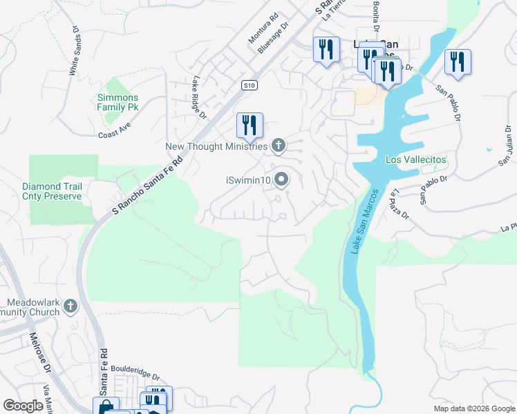 map of restaurants, bars, coffee shops, grocery stores, and more near 1267 Via San Jacinto in San Marcos