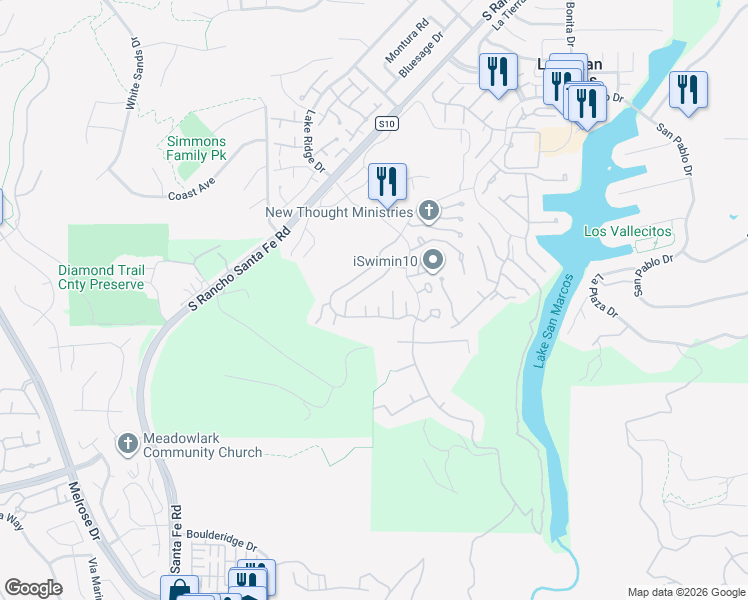 map of restaurants, bars, coffee shops, grocery stores, and more near 1263 Via Navajo in San Marcos