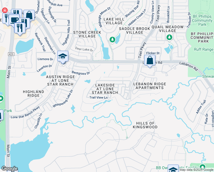 map of restaurants, bars, coffee shops, grocery stores, and more near 1568 Sandstone Drive in Frisco