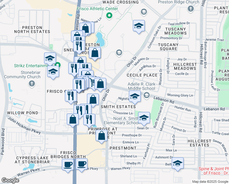 map of restaurants, bars, coffee shops, grocery stores, and more near 4783 Grant Court in Frisco