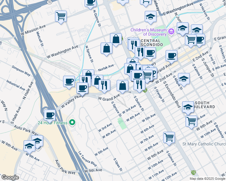 map of restaurants, bars, coffee shops, grocery stores, and more near in Escondido