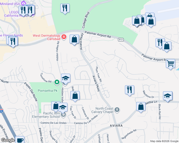 map of restaurants, bars, coffee shops, grocery stores, and more near 6446 Torreyanna Circle in Carlsbad