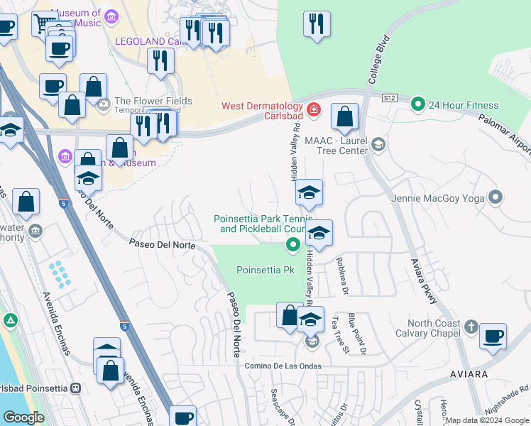 map of restaurants, bars, coffee shops, grocery stores, and more near 6451 Merlin Drive in Carlsbad