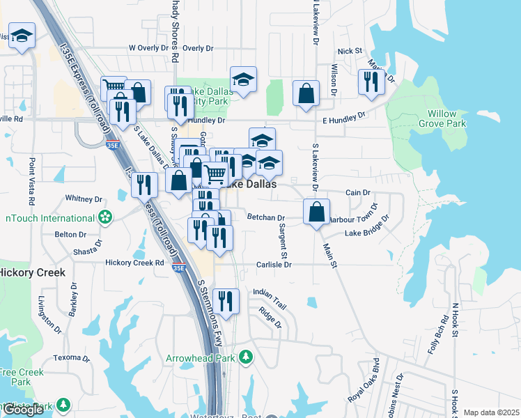 map of restaurants, bars, coffee shops, grocery stores, and more near 401 Betchan Drive in Lake Dallas