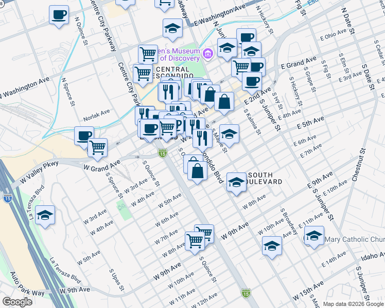 map of restaurants, bars, coffee shops, grocery stores, and more near 335 West 3rd Avenue in Escondido