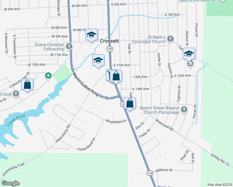 map of restaurants, bars, coffee shops, grocery stores, and more near 1308 Main Street in Crossett