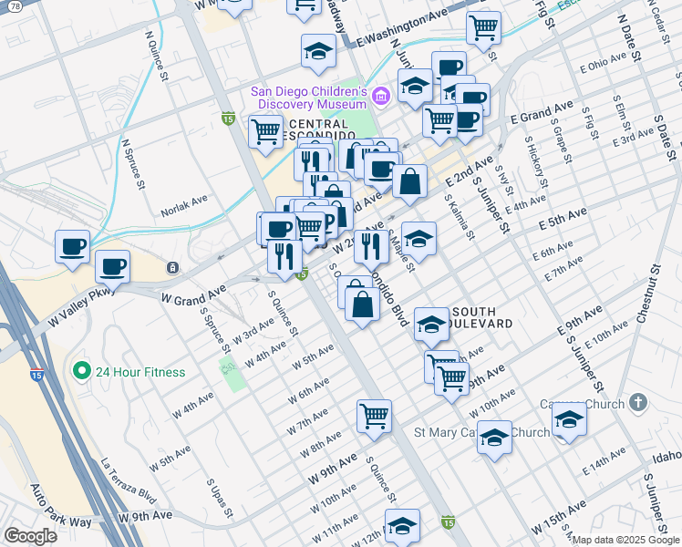 map of restaurants, bars, coffee shops, grocery stores, and more near 338 West 3rd Avenue in Escondido