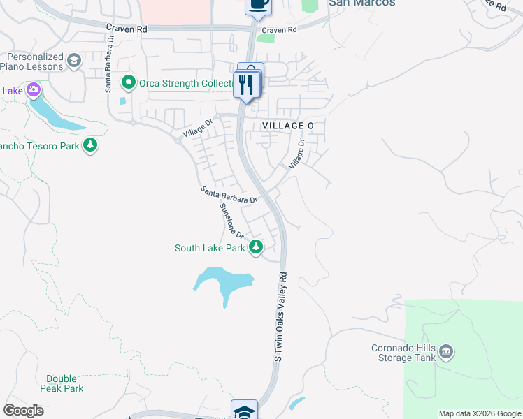 map of restaurants, bars, coffee shops, grocery stores, and more near 1249 South Twin Oaks Valley Road in San Marcos
