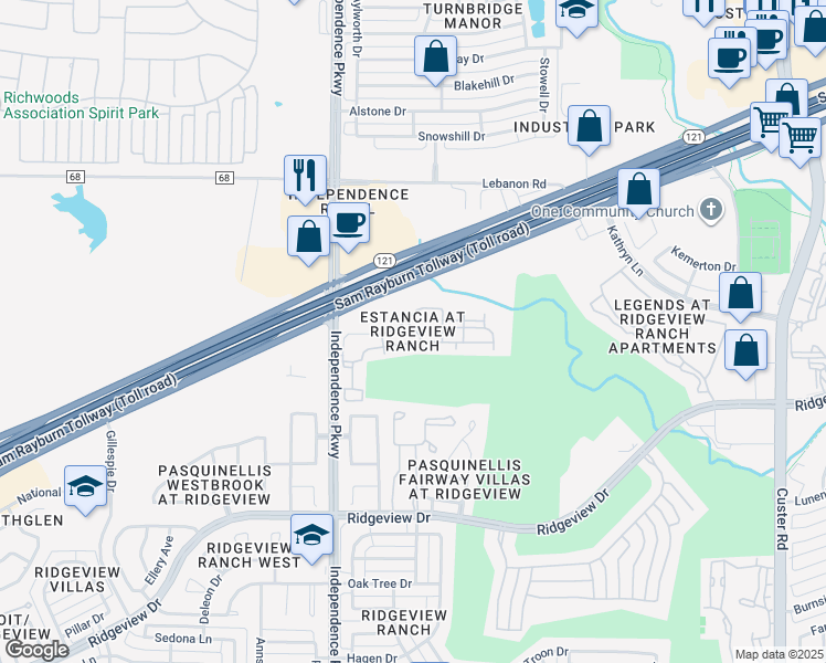 map of restaurants, bars, coffee shops, grocery stores, and more near 10200 Independence Parkway in Plano