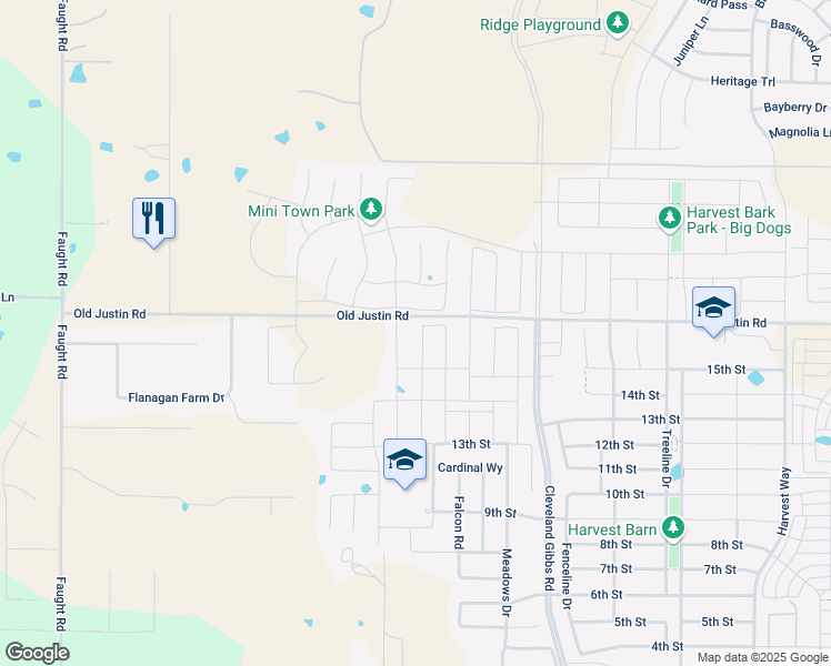 map of restaurants, bars, coffee shops, grocery stores, and more near 2664 Old Justin Road in Northlake