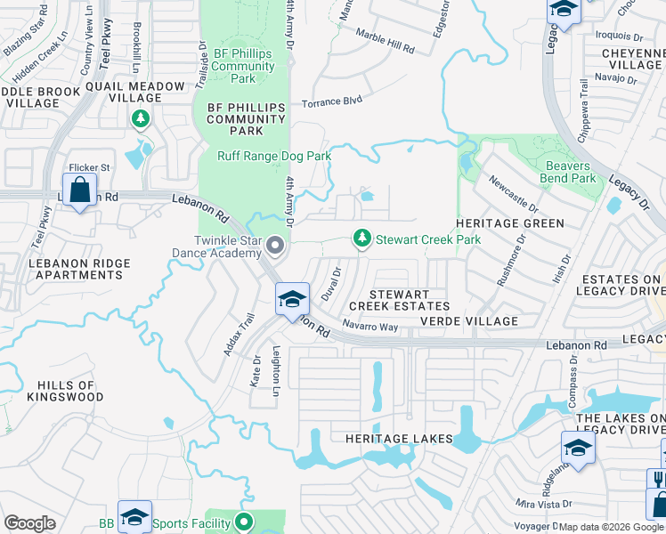 map of restaurants, bars, coffee shops, grocery stores, and more near 4679 Duval Drive in Frisco