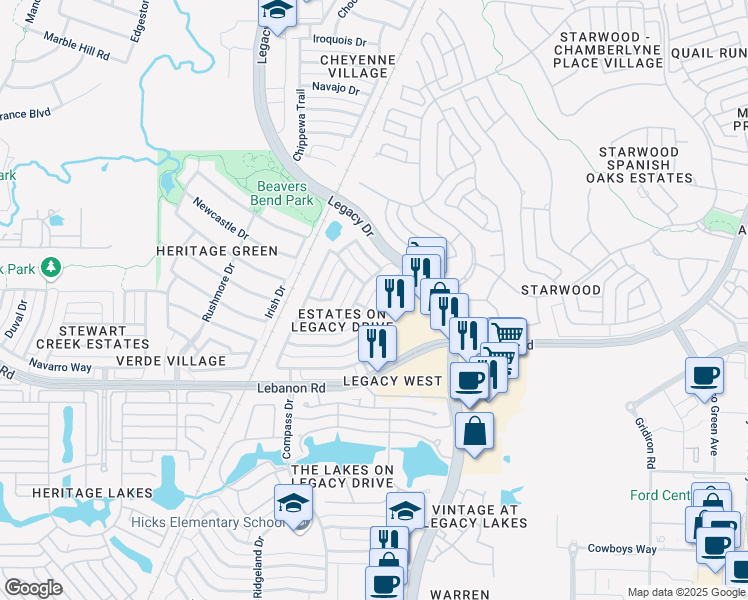 map of restaurants, bars, coffee shops, grocery stores, and more near 5201 Oakhurst Lane in Frisco