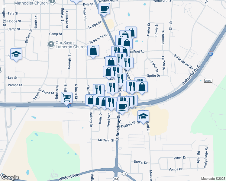 map of restaurants, bars, coffee shops, grocery stores, and more near 219 Parkins Street in Sulphur Springs