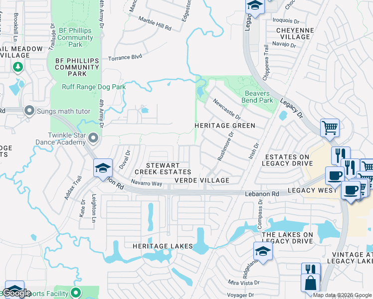 map of restaurants, bars, coffee shops, grocery stores, and more near 4685 Shamrock Road in Frisco