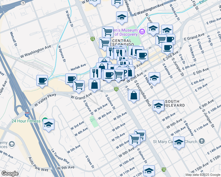 map of restaurants, bars, coffee shops, grocery stores, and more near in Escondido