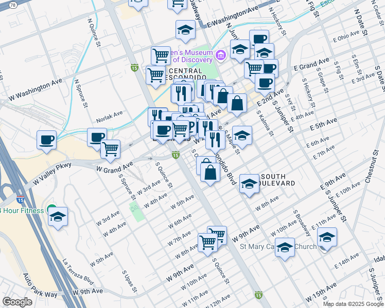 map of restaurants, bars, coffee shops, grocery stores, and more near 338 West 3rd Avenue in Escondido
