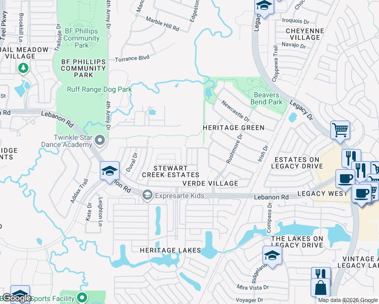 map of restaurants, bars, coffee shops, grocery stores, and more near 4685 Shamrock Road in Frisco