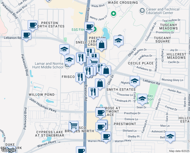 map of restaurants, bars, coffee shops, grocery stores, and more near 4760 Preston Road in Frisco