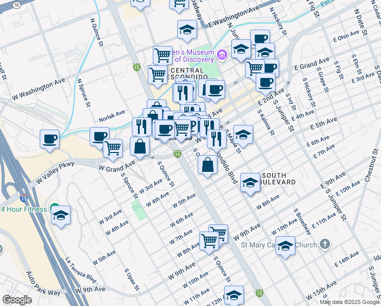 map of restaurants, bars, coffee shops, grocery stores, and more near 213 Royal Glen in Escondido