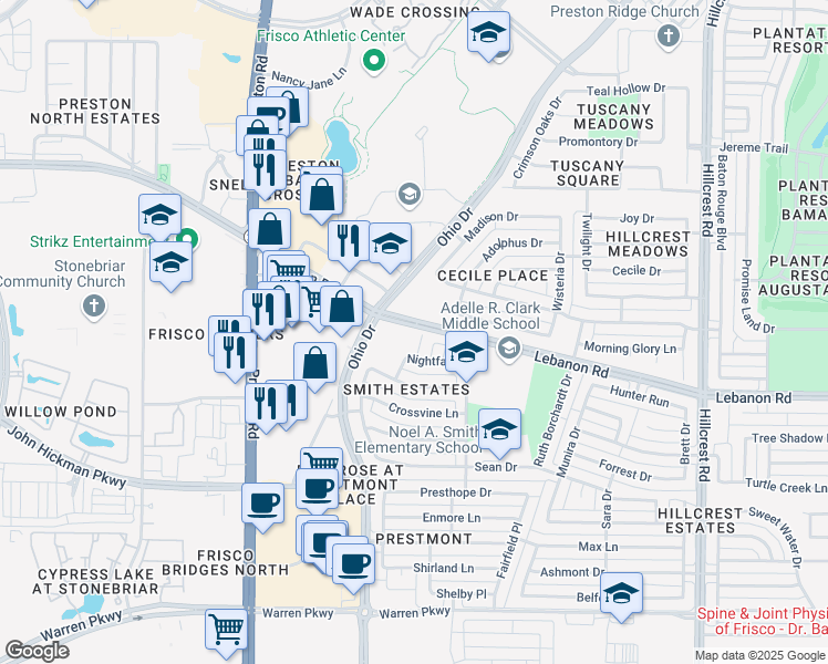 map of restaurants, bars, coffee shops, grocery stores, and more near 4783 Grant Court in Frisco