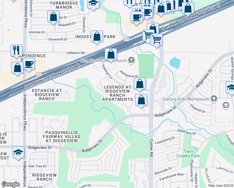 map of restaurants, bars, coffee shops, grocery stores, and more near 2300 Kathryn Lane in Plano