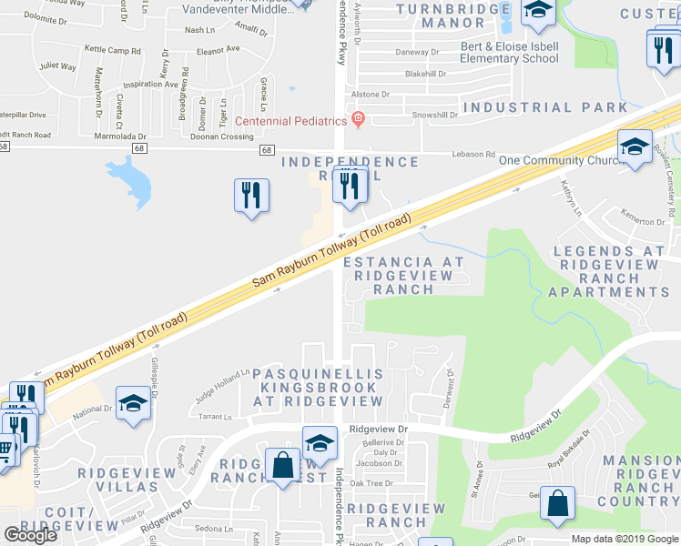 map of restaurants, bars, coffee shops, grocery stores, and more near 10206 Independence Parkway in Plano