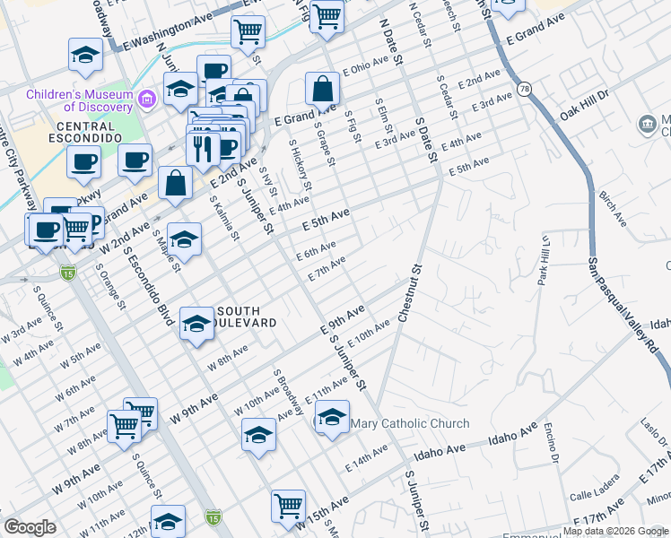 map of restaurants, bars, coffee shops, grocery stores, and more near 440 East 7th Avenue in Escondido