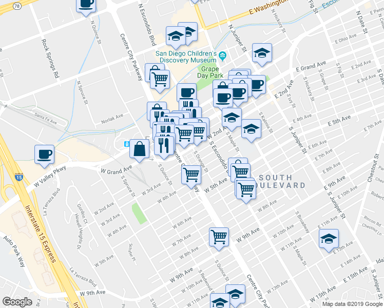 map of restaurants, bars, coffee shops, grocery stores, and more near 420 West 2nd Avenue in Escondido