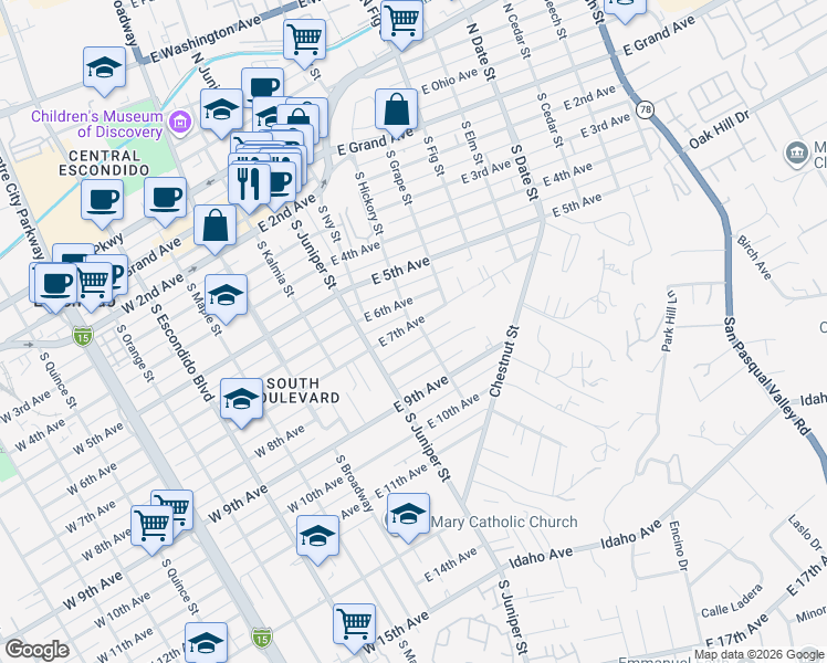 map of restaurants, bars, coffee shops, grocery stores, and more near 440 East 7th Avenue in Escondido