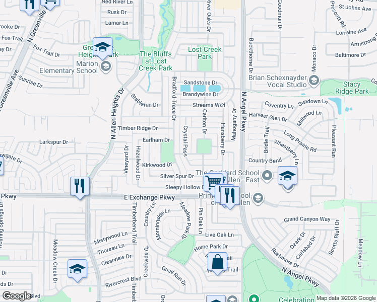 map of restaurants, bars, coffee shops, grocery stores, and more near 1540 Crystal Pass in Allen
