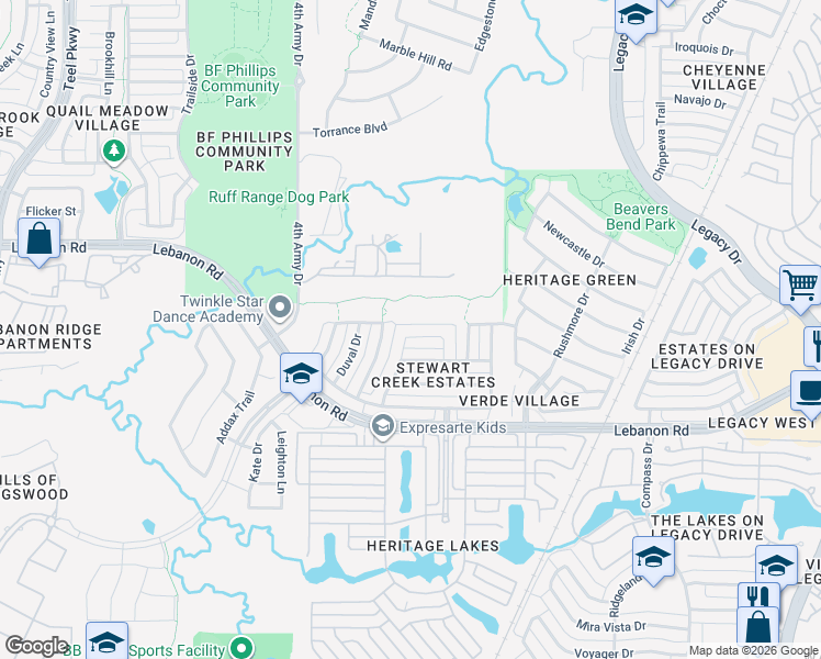 map of restaurants, bars, coffee shops, grocery stores, and more near 3800 Johnson Street in Frisco