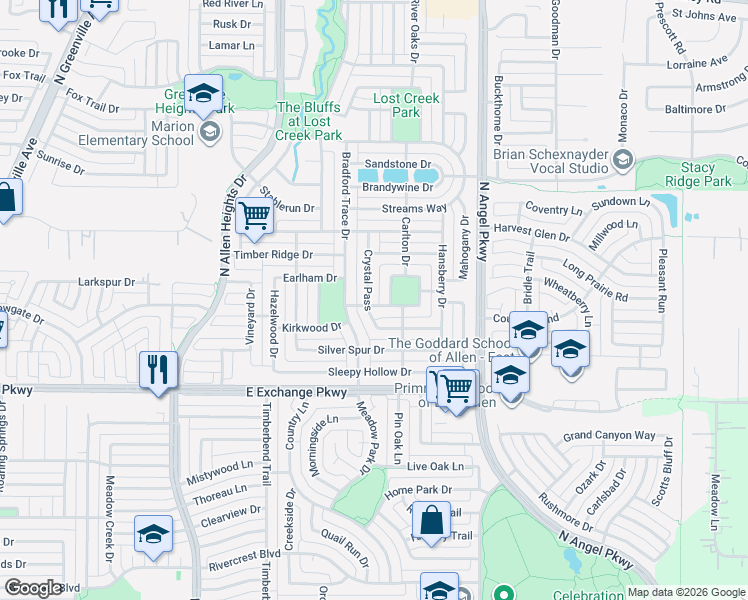 map of restaurants, bars, coffee shops, grocery stores, and more near 1540 Crystal Pass in Allen