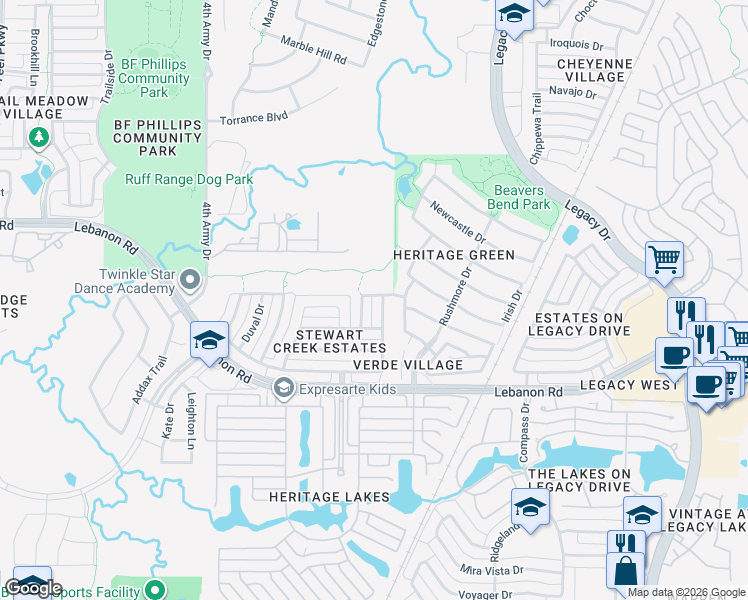 map of restaurants, bars, coffee shops, grocery stores, and more near 4685 Shamrock Road in Frisco