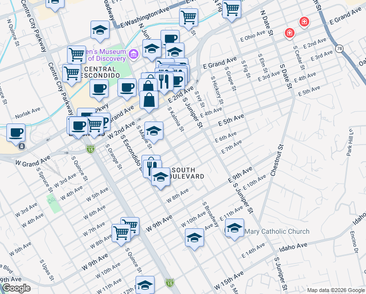 map of restaurants, bars, coffee shops, grocery stores, and more near 135 East 5th Avenue in Escondido