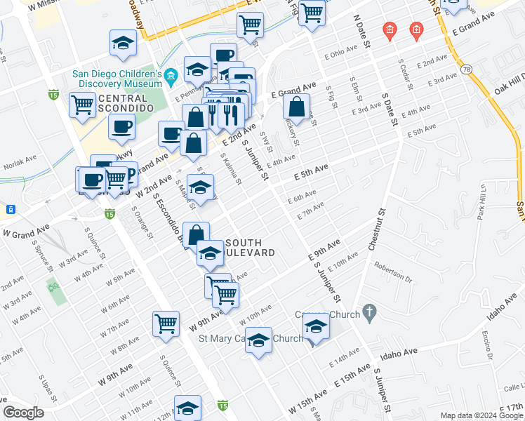 map of restaurants, bars, coffee shops, grocery stores, and more near 210 East 6th Avenue in Escondido
